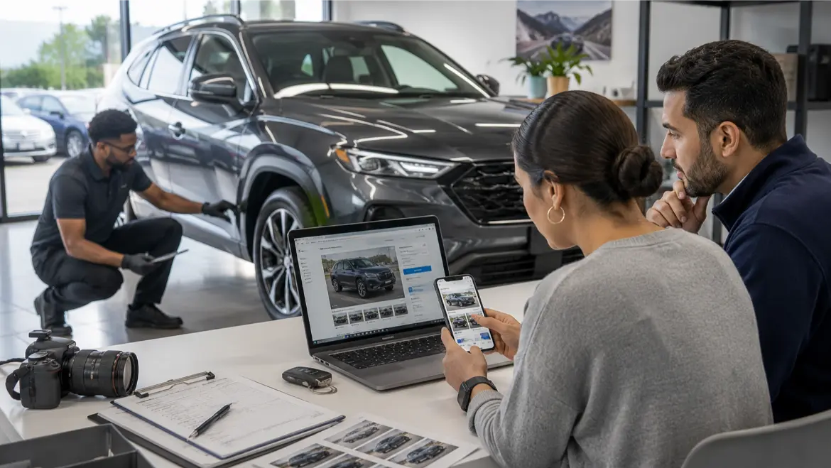 Create a realistic premium editorial image in a 16:9 horizontal format illustrating vehicle detail page optimization for an independent used-car dealership. Show an inventory manager and website specialist working beside a well-presented pre-owned SUV inside a bright dealership photo area. The manager is checking the real vehicle while the specialist reviews a laptop and smartphone displaying an abstract, non-readable vehicle detail page with photos, price placement, mileage, features, availability, related inventory, and several clear but unreadable action buttons. Include a camera, vehicle key, condition checklist, and organized photo workflow. The image should communicate that accurate inventory data, strong photography, mobile usability, and relevant calls to action work together. Use realistic automotive commercial photography, natural lighting, credible diverse professionals, clean visual hierarchy, and open space for article placement. Avoid readable text, logos, VIN numbers, fake luxury styling, giant SEO symbols, split-screen layouts, cartoons, and obvious AI artifacts. 